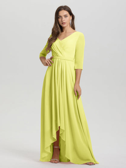 Flowy 3/4 Sleeves V-Neck Asymmetrical High Low Chiffon Bridesmaid Dress