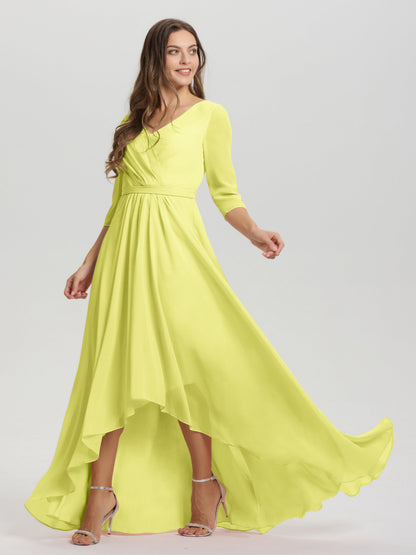 Flowy 3/4 Sleeves V-Neck Asymmetrical High Low Chiffon Bridesmaid Dress