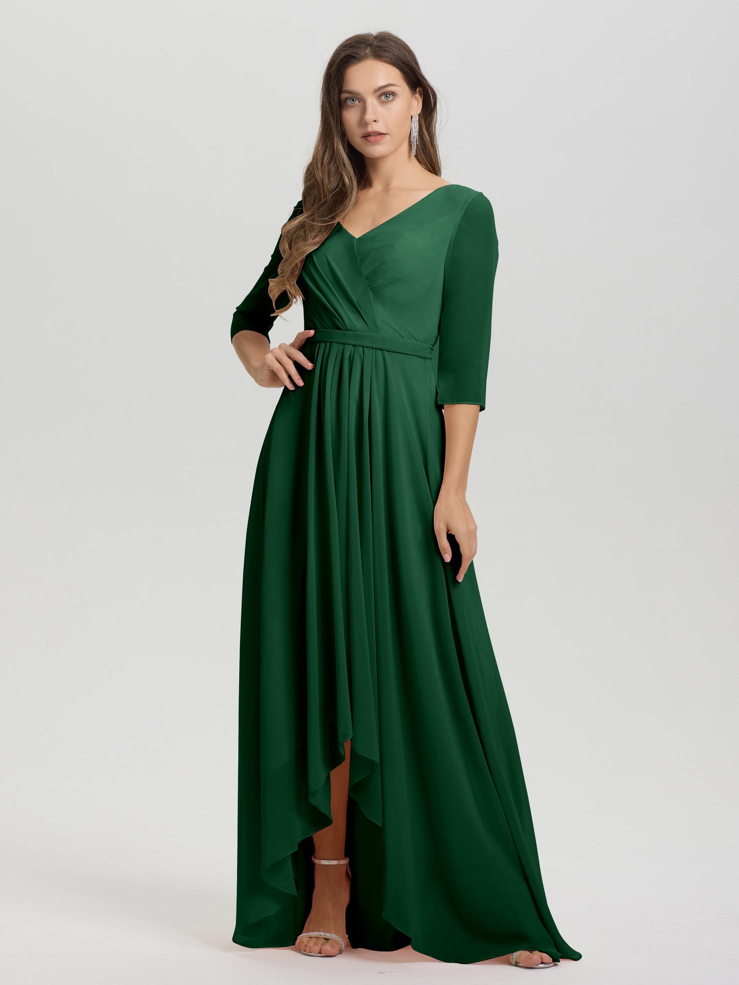 Flowy 3/4 Sleeves V-Neck Asymmetrical High Low Chiffon Bridesmaid Dress