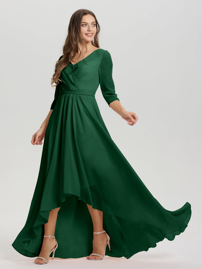Flowy 3/4 Sleeves V-Neck Asymmetrical High Low Chiffon Bridesmaid Dress