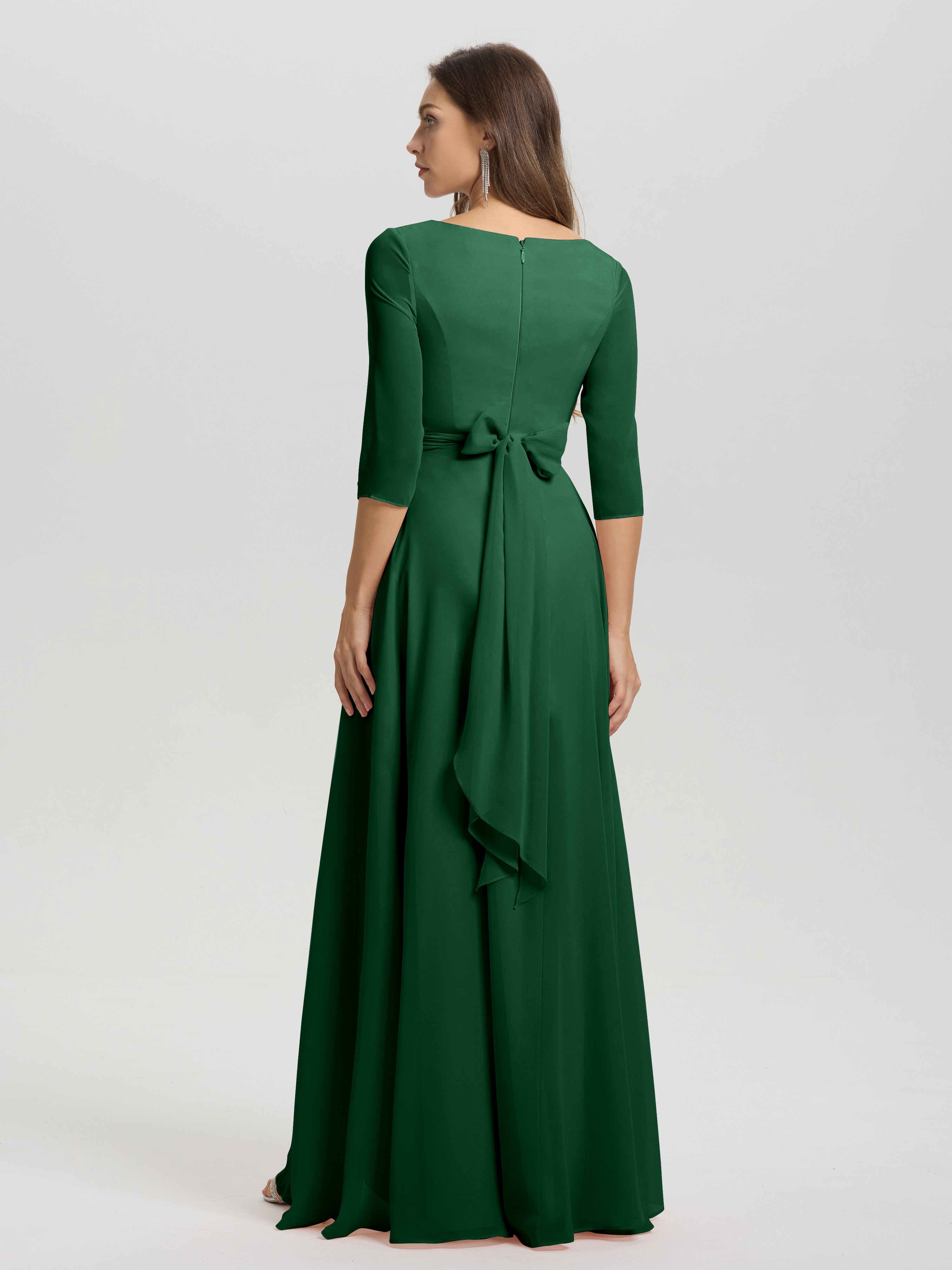 Flowy 3/4 Sleeves V-Neck Asymmetrical High Low Chiffon Bridesmaid Dress