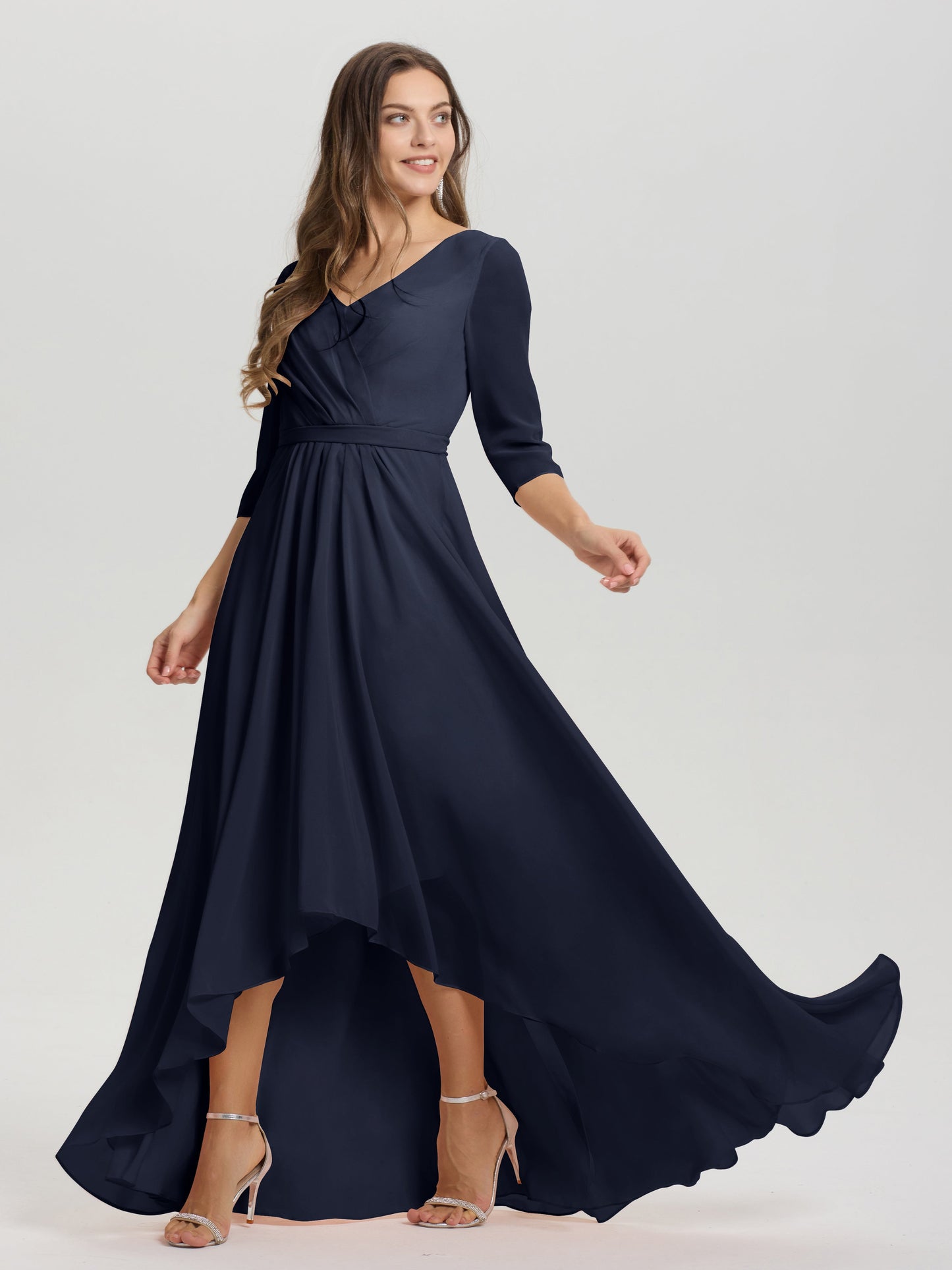Flowy 3/4 Sleeves V-Neck Asymmetrical High Low Chiffon Bridesmaid Dress