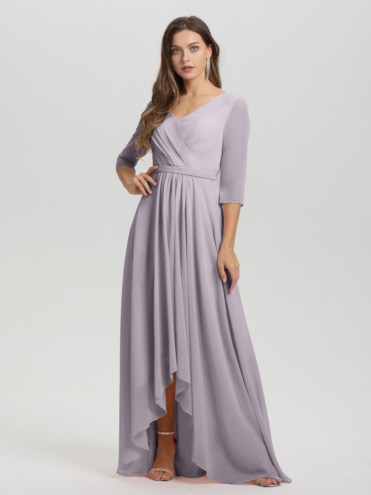 Flowy 3/4 Sleeves V-Neck Asymmetrical High Low Chiffon Bridesmaid Dress