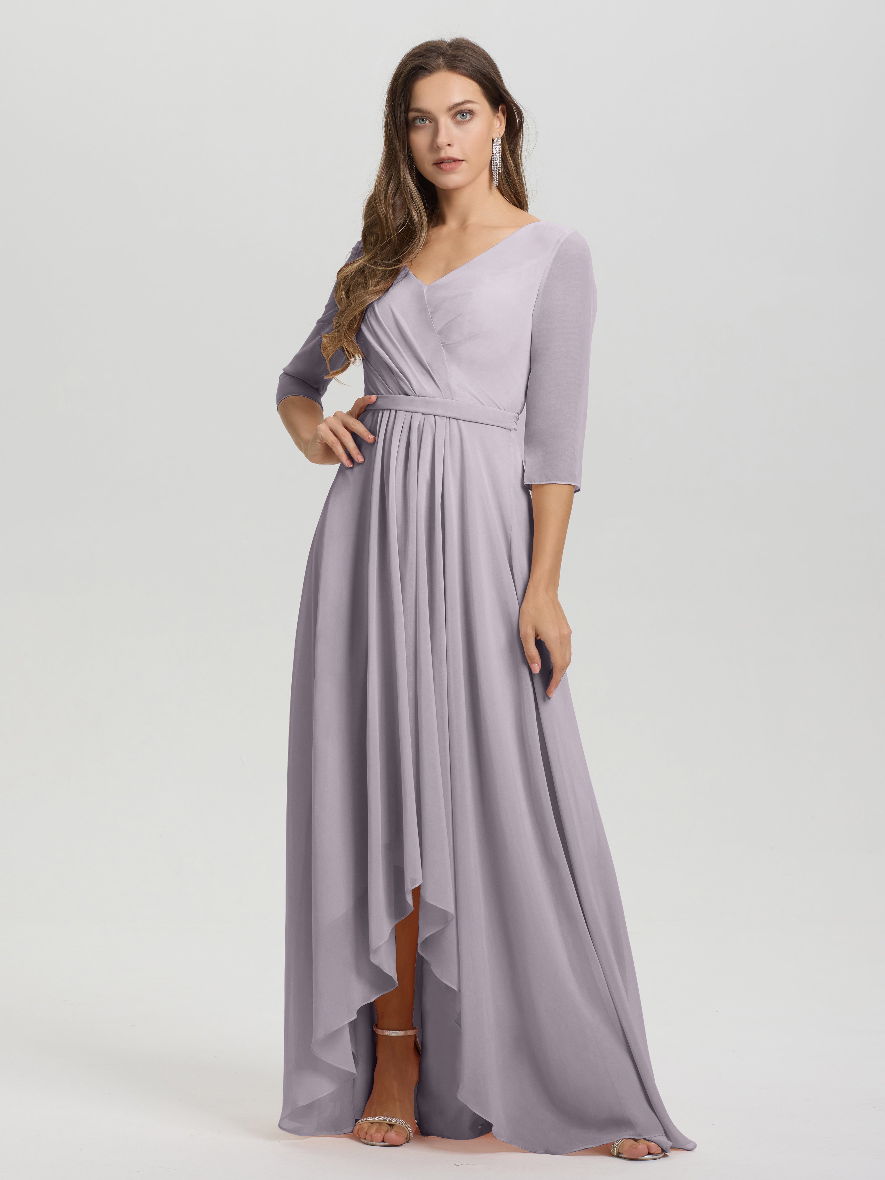 Flowy 3/4 Sleeves V-Neck Asymmetrical High Low Chiffon Bridesmaid Dress