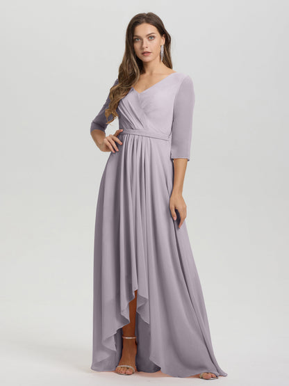 Flowy 3/4 Sleeves V-Neck Asymmetrical High Low Chiffon Bridesmaid Dress