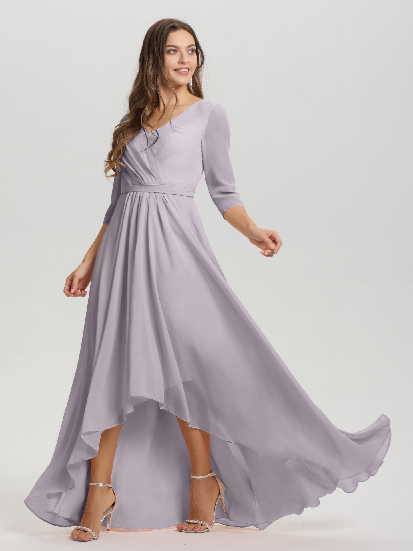 Flowy 3/4 Sleeves V-Neck Asymmetrical High Low Chiffon Bridesmaid Dress