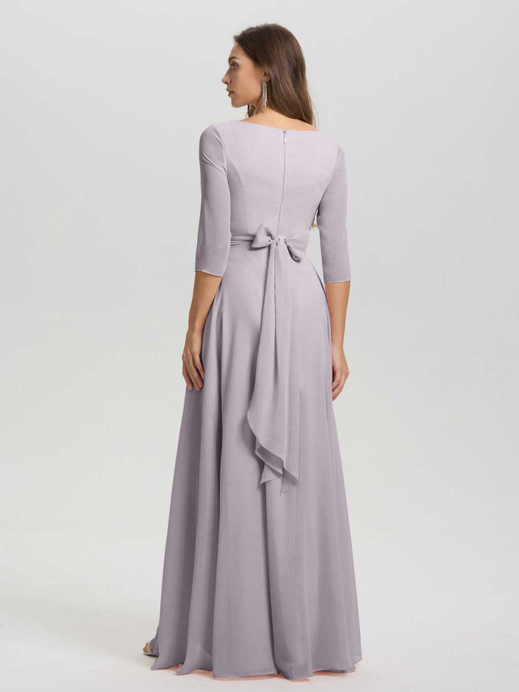 Flowy 3/4 Sleeves V-Neck Asymmetrical High Low Chiffon Bridesmaid Dress