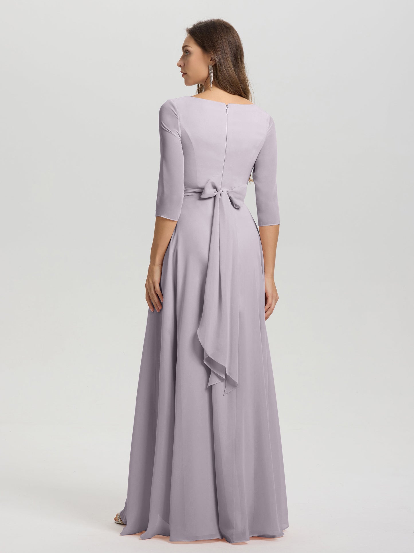 Flowy 3/4 Sleeves V-Neck Asymmetrical High Low Chiffon Bridesmaid Dress