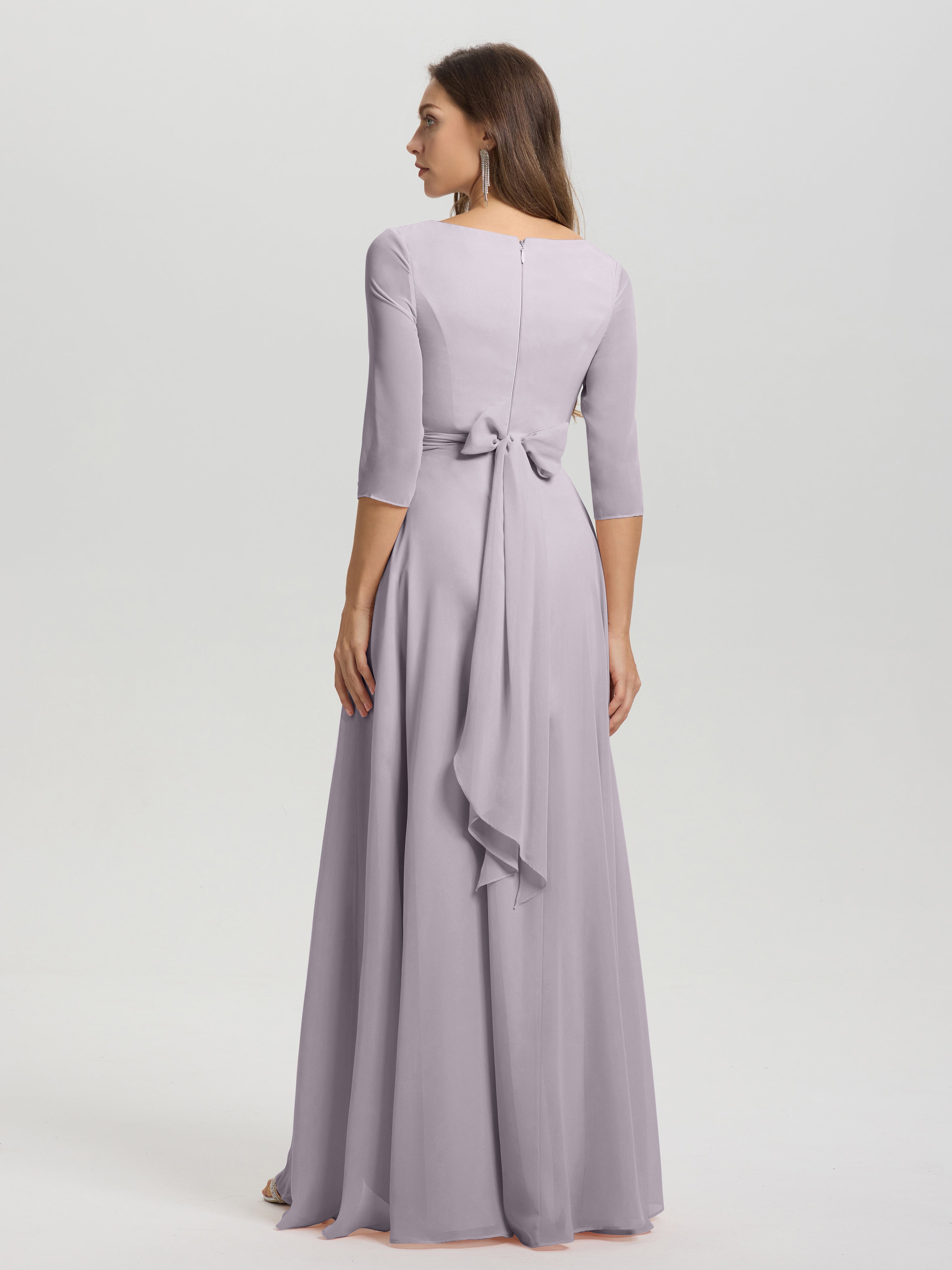 Flowy 3/4 Sleeves V-Neck Asymmetrical High Low Chiffon Bridesmaid Dress