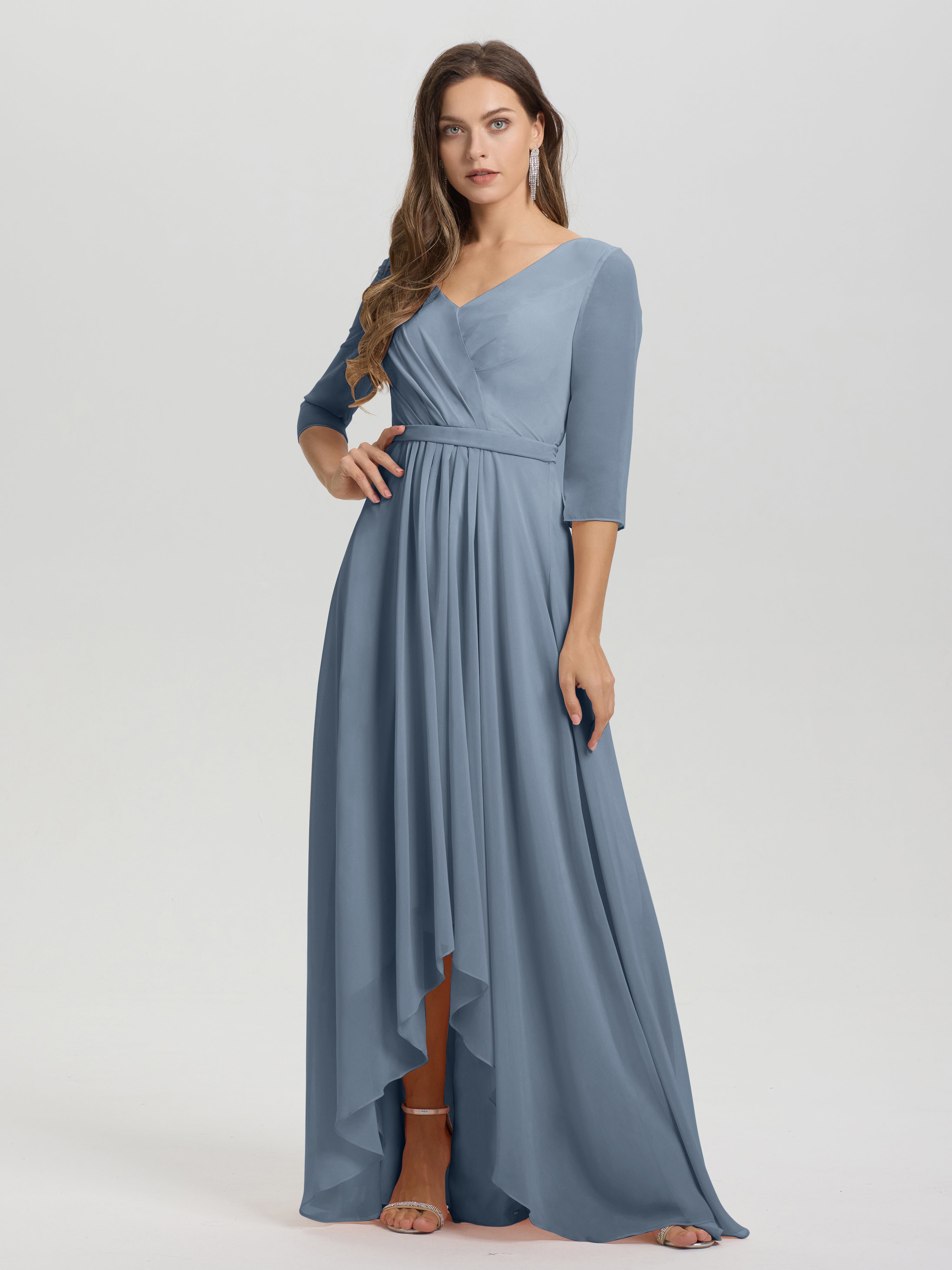 Flowy 3/4 Sleeves V-Neck Asymmetrical High Low Chiffon Bridesmaid Dress