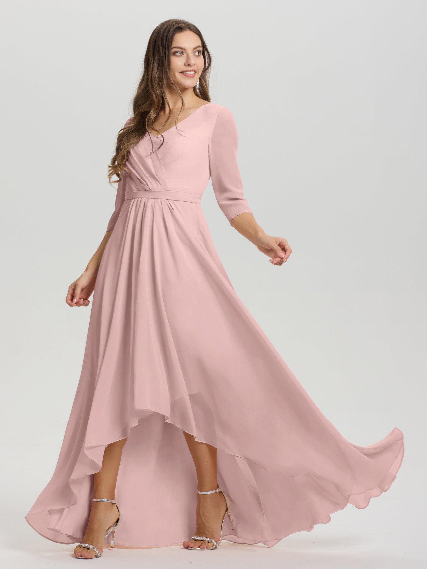 Flowy 3/4 Sleeves V-Neck Asymmetrical High Low Chiffon Bridesmaid Dress
