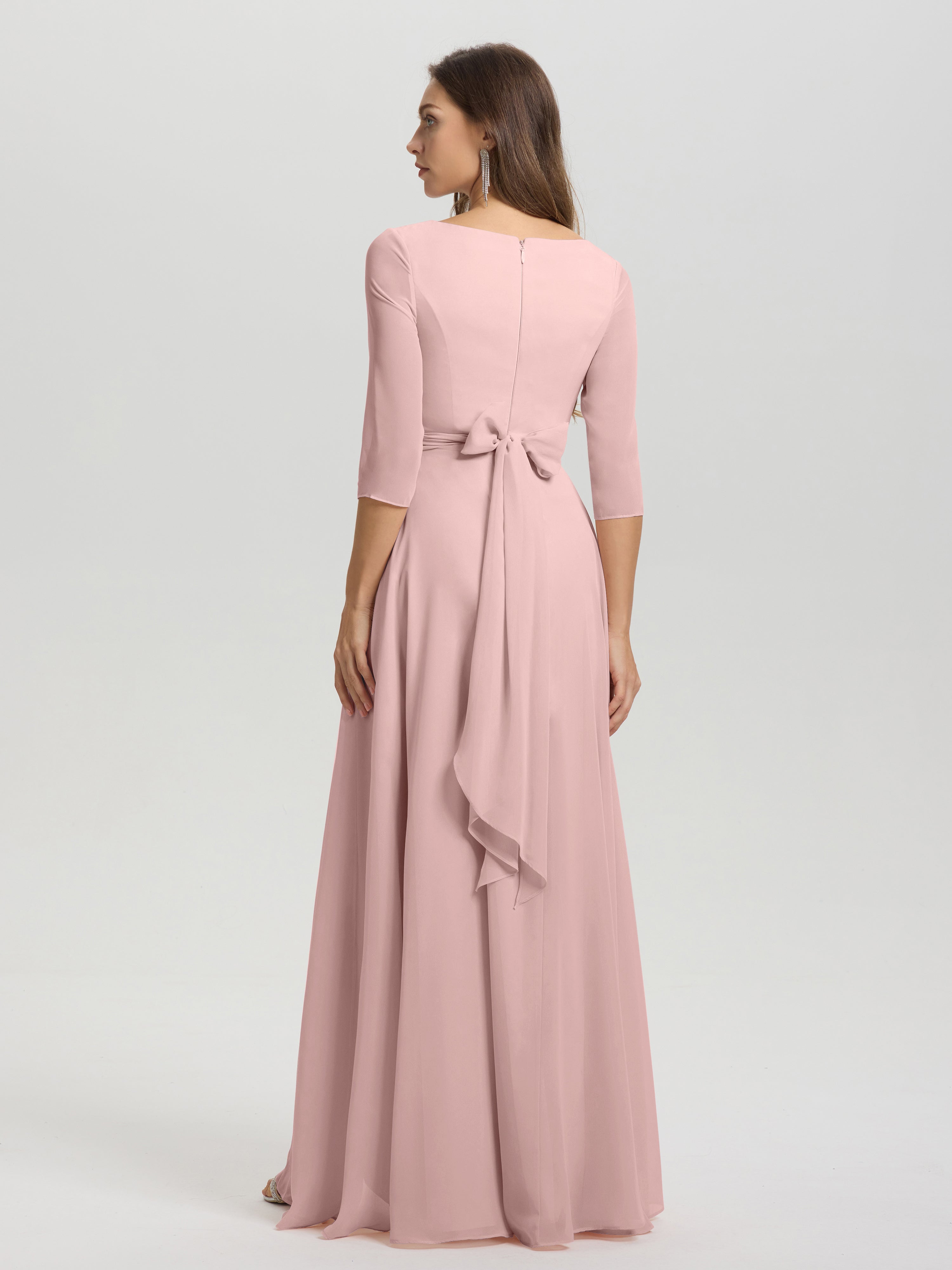 Flowy 3/4 Sleeves V-Neck Asymmetrical High Low Chiffon Bridesmaid Dress