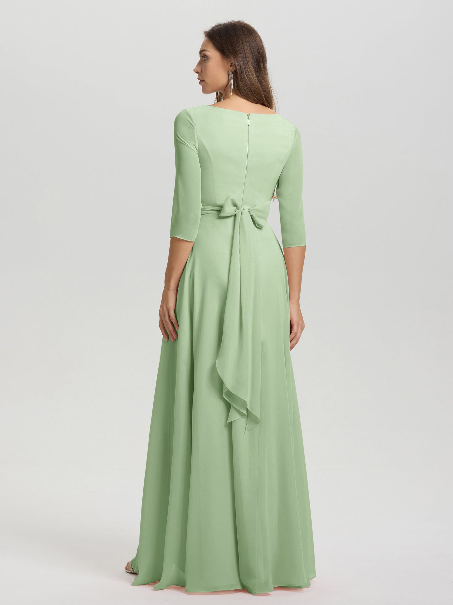 Flowy 3/4 Sleeves V-Neck Asymmetrical High Low Chiffon Bridesmaid Dress