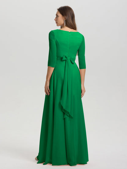 Flowy 3/4 Sleeves V-Neck Asymmetrical High Low Chiffon Bridesmaid Dress