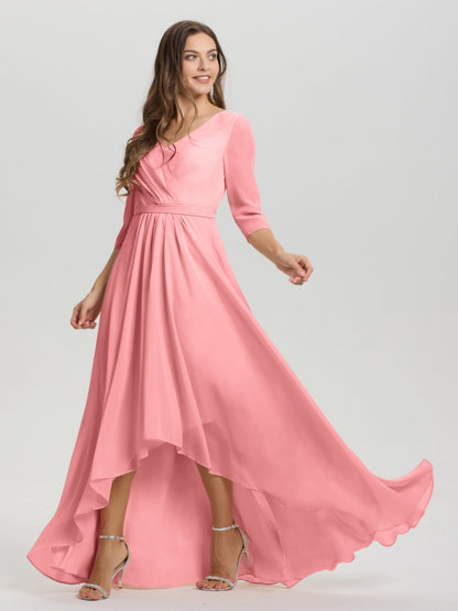 Flowy 3/4 Sleeves V-Neck Asymmetrical High Low Chiffon Bridesmaid Dress