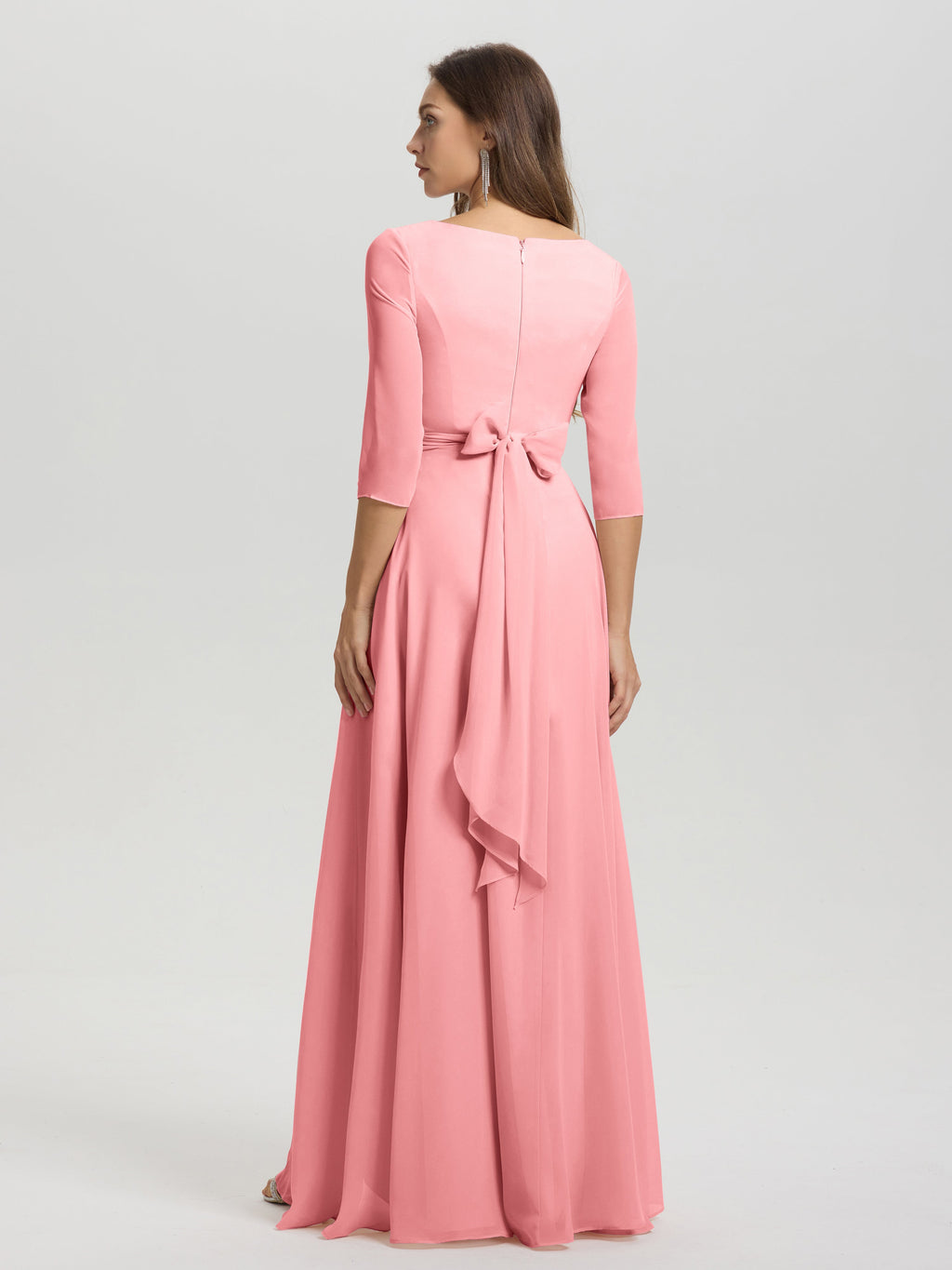 Flowy 3/4 Sleeves V-Neck Asymmetrical High Low Chiffon Bridesmaid Dress