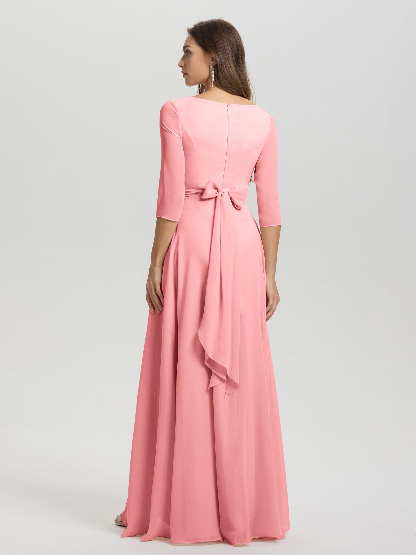 Flowy 3/4 Sleeves V-Neck Asymmetrical High Low Chiffon Bridesmaid Dress