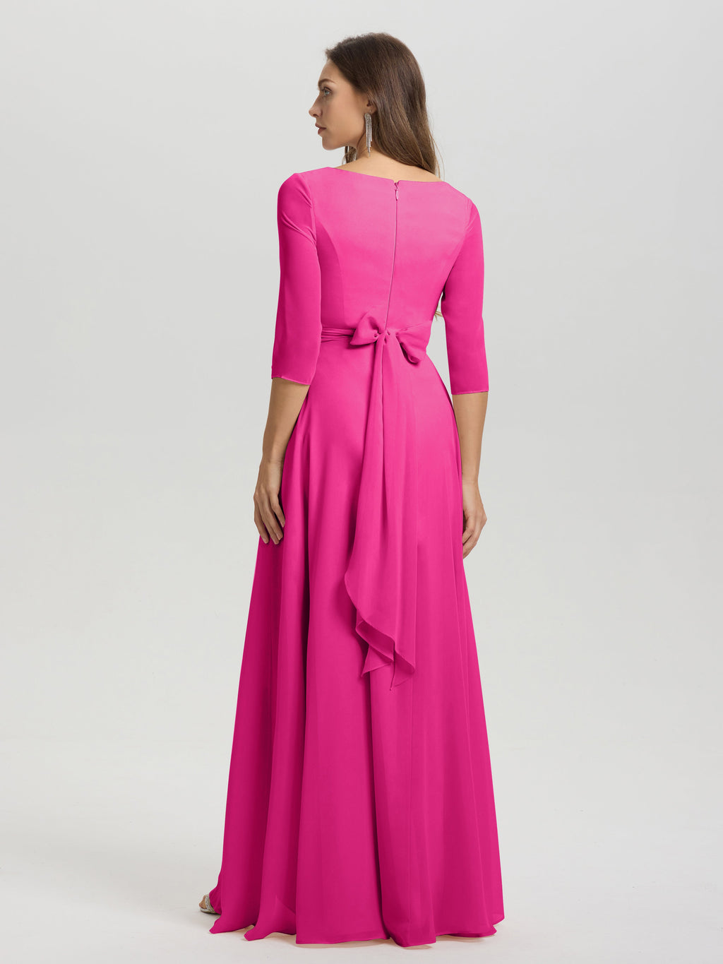 Flowy 3/4 Sleeves V-Neck Asymmetrical High Low Chiffon Bridesmaid Dress
