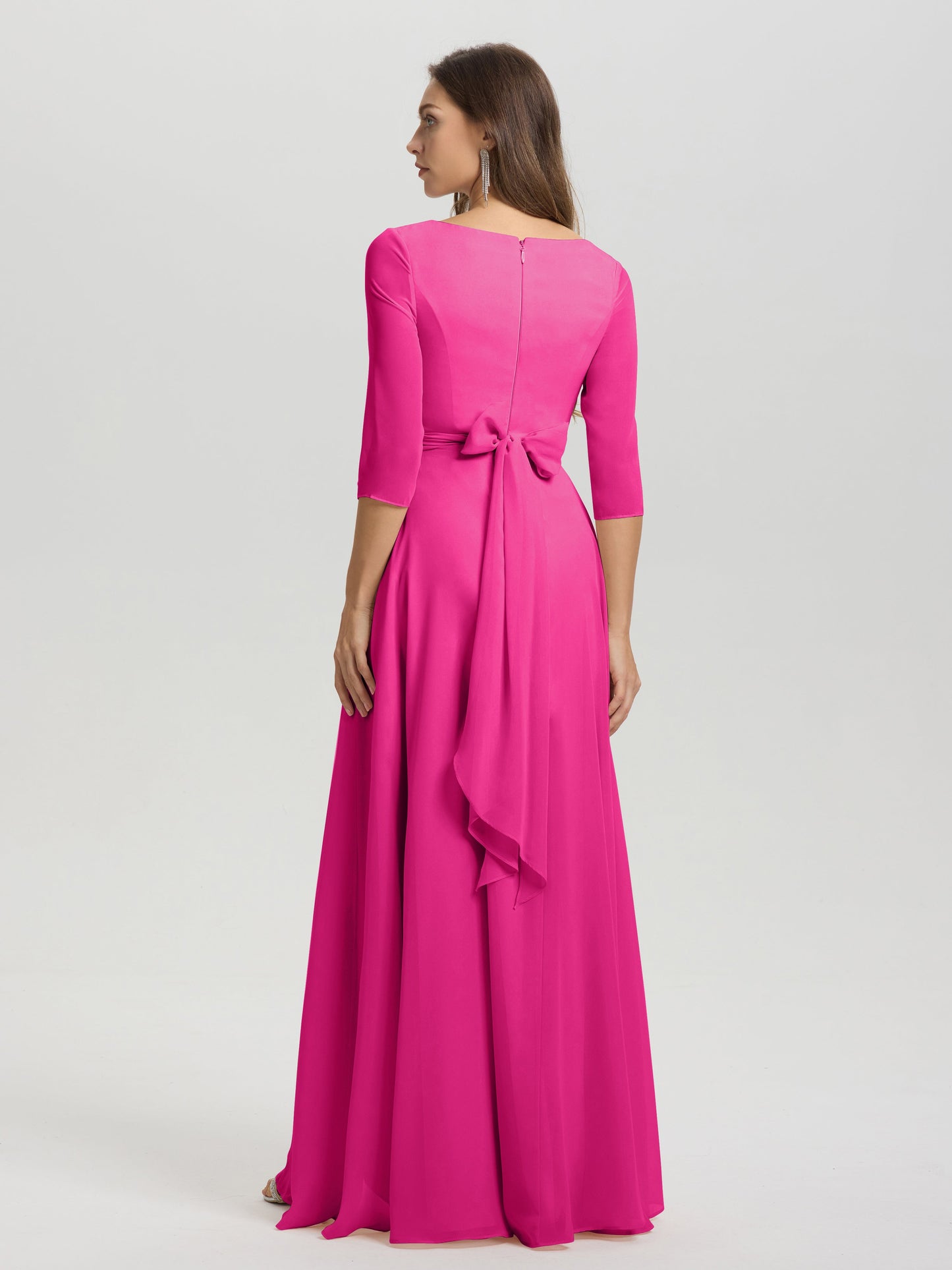 Flowy 3/4 Sleeves V-Neck Asymmetrical High Low Chiffon Bridesmaid Dress