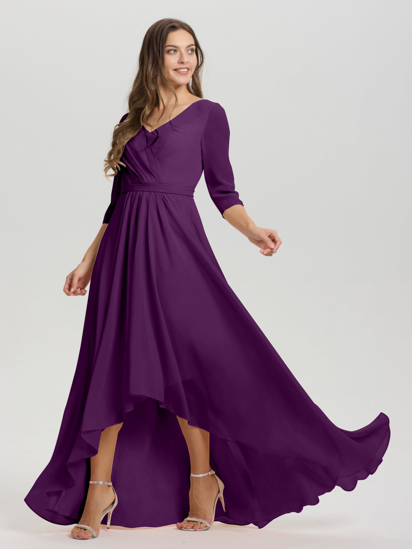 Flowy 3/4 Sleeves V-Neck Asymmetrical High Low Chiffon Bridesmaid Dress