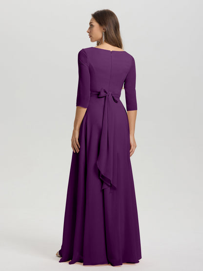 Flowy 3/4 Sleeves V-Neck Asymmetrical High Low Chiffon Bridesmaid Dress