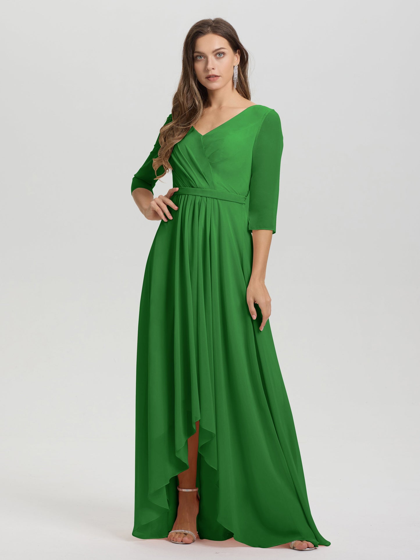 Flowy 3/4 Sleeves V-Neck Asymmetrical High Low Chiffon Bridesmaid Dress