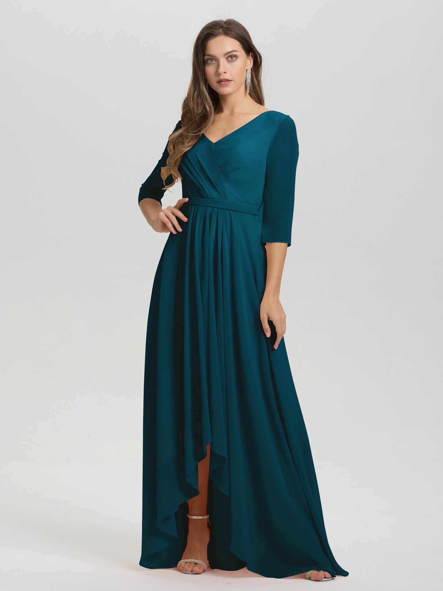 Flowy 3/4 Sleeves V-Neck Asymmetrical High Low Chiffon Bridesmaid Dress