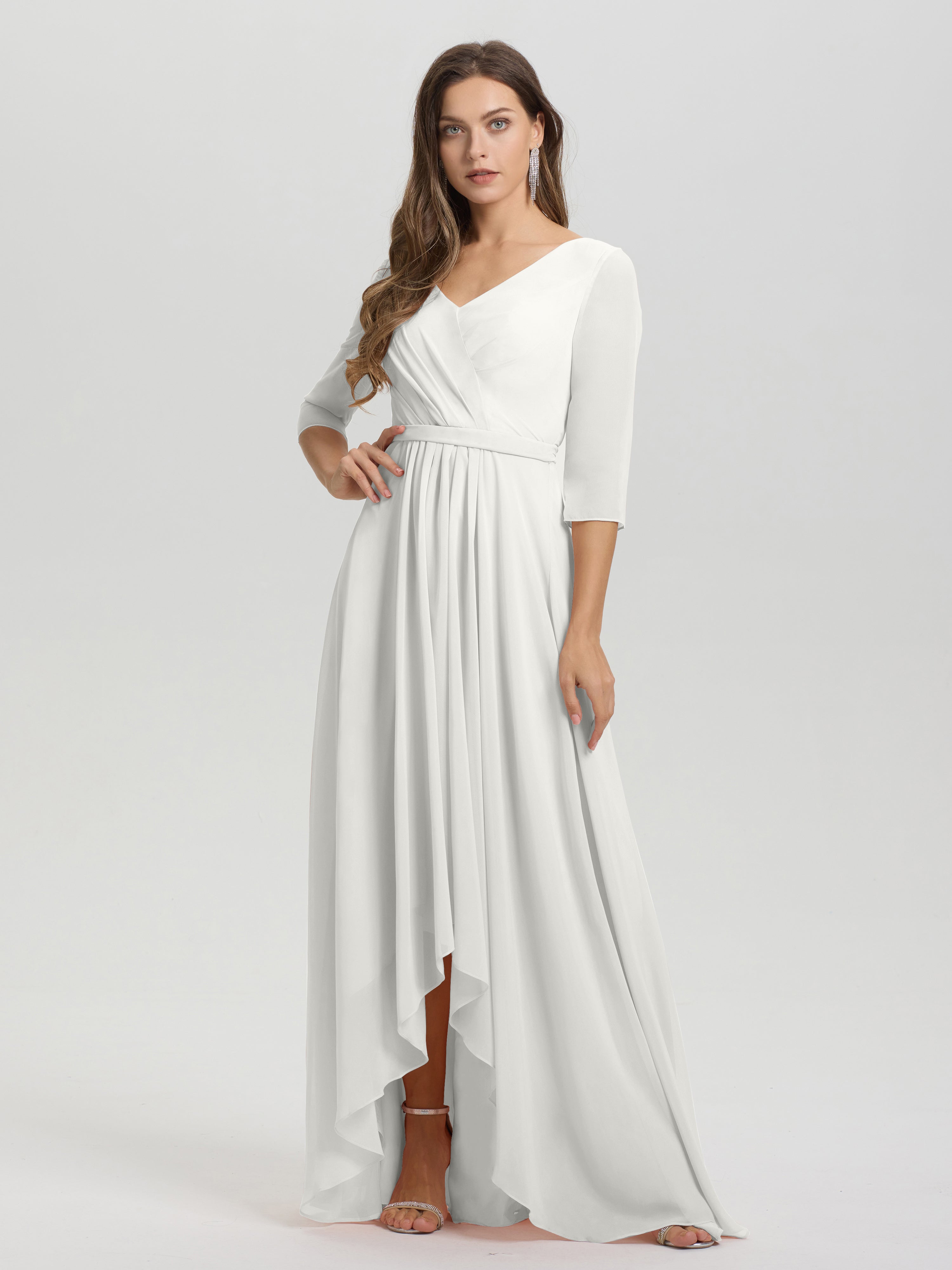 Flowy 3/4 Sleeves V-Neck Asymmetrical High Low Chiffon Bridesmaid Dress