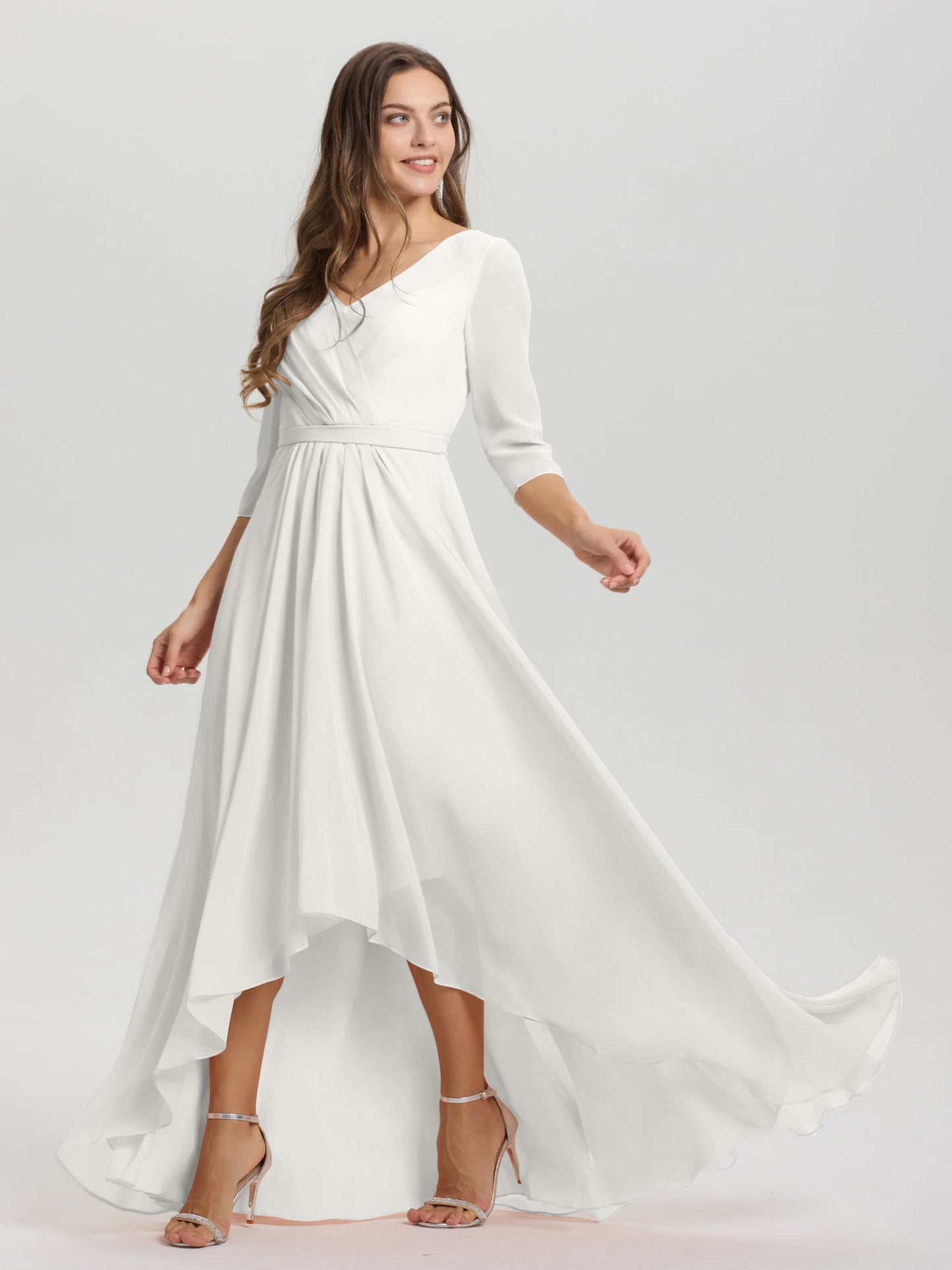Flowy 3/4 Sleeves V-Neck Asymmetrical High Low Chiffon Bridesmaid Dress