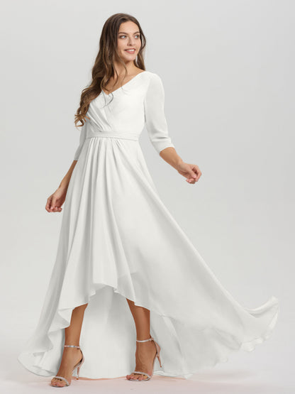 Flowy 3/4 Sleeves V-Neck Asymmetrical High Low Chiffon Bridesmaid Dress