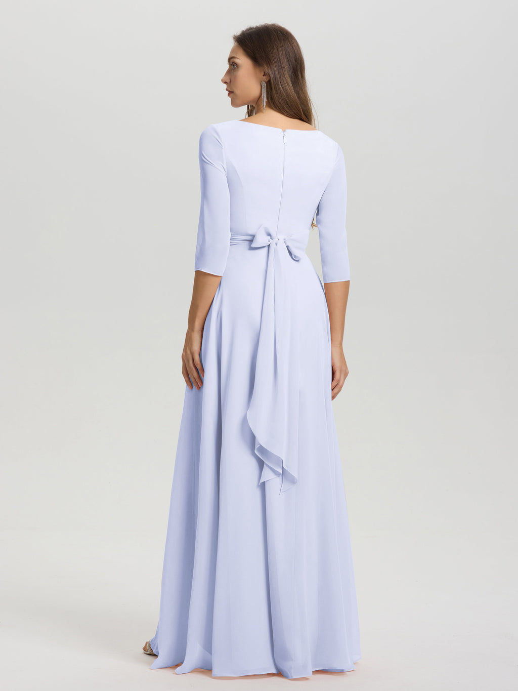 Flowy 3/4 Sleeves V-Neck Asymmetrical High Low Chiffon Bridesmaid Dress