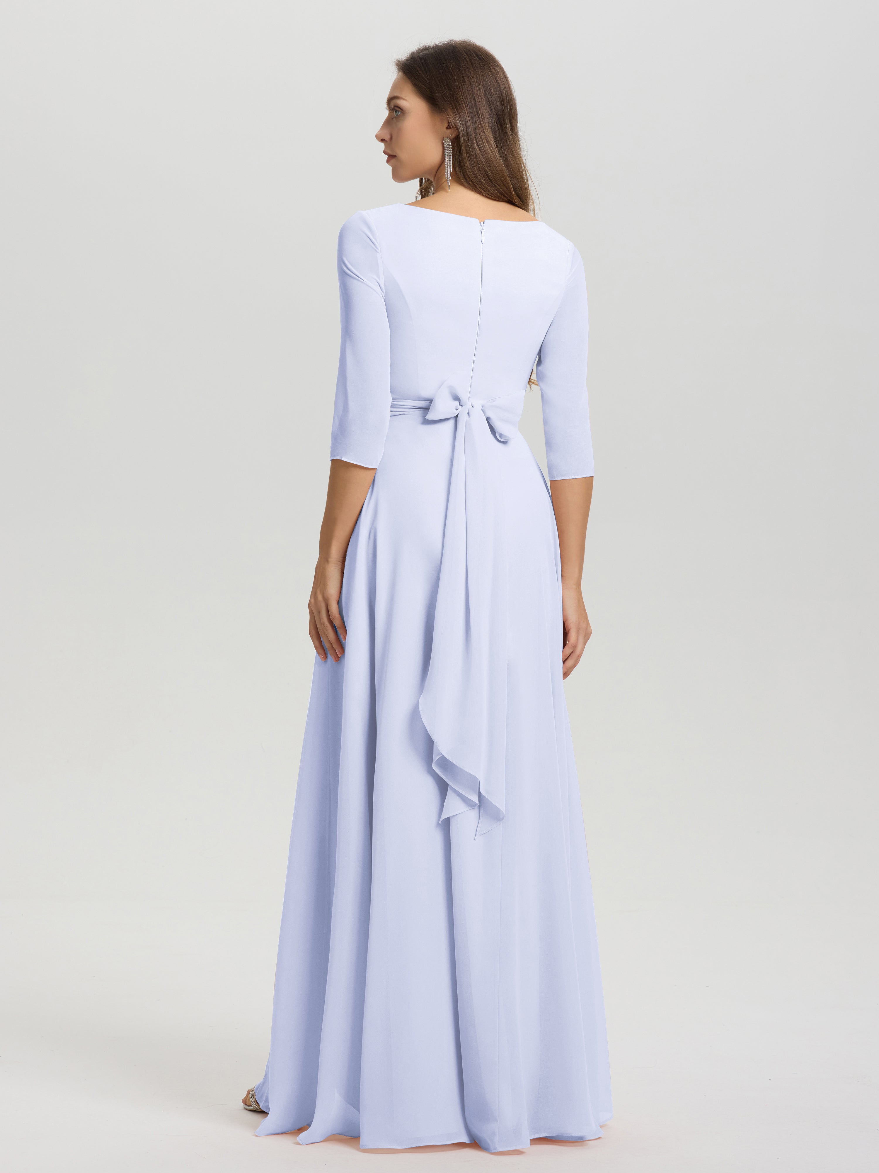 Flowy 3/4 Sleeves V-Neck Asymmetrical High Low Chiffon Bridesmaid Dress