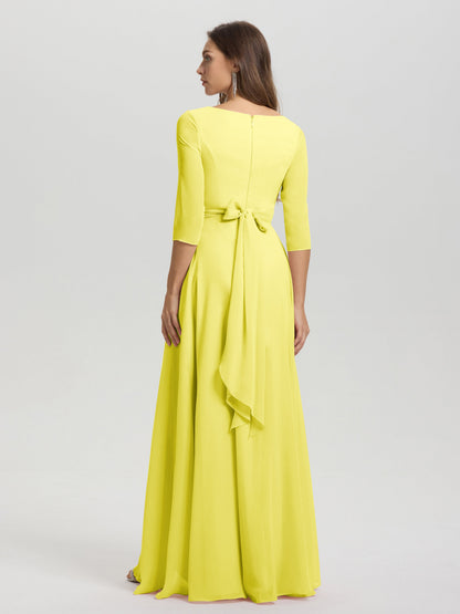 Flowy 3/4 Sleeves V-Neck Asymmetrical High Low Chiffon Bridesmaid Dress