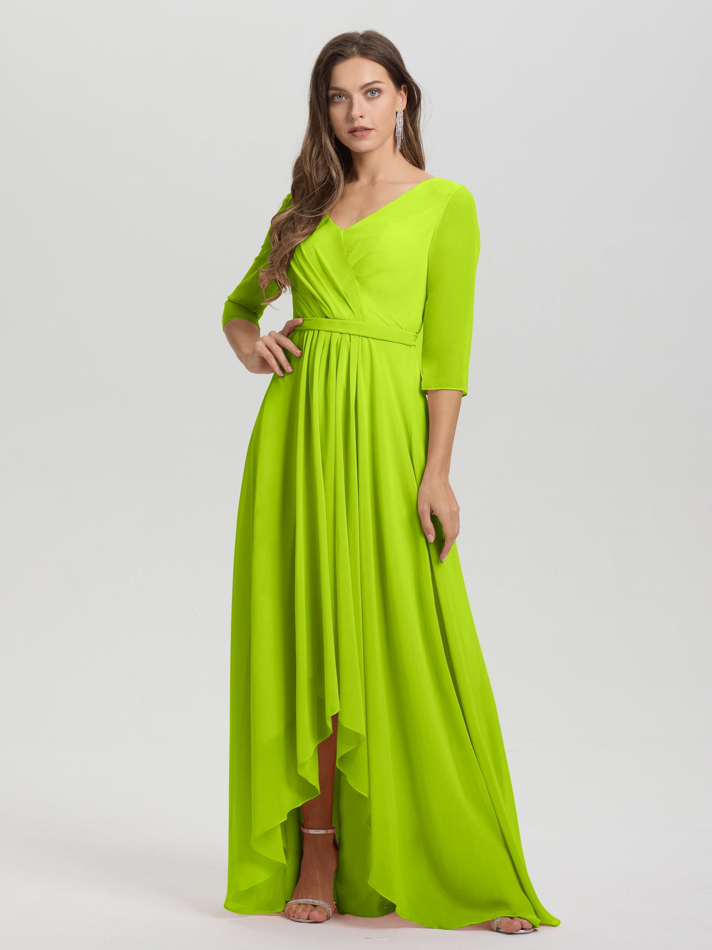 Flowy 3/4 Sleeves V-Neck Asymmetrical High Low Chiffon Bridesmaid Dress