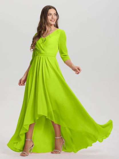 Flowy 3/4 Sleeves V-Neck Asymmetrical High Low Chiffon Bridesmaid Dress