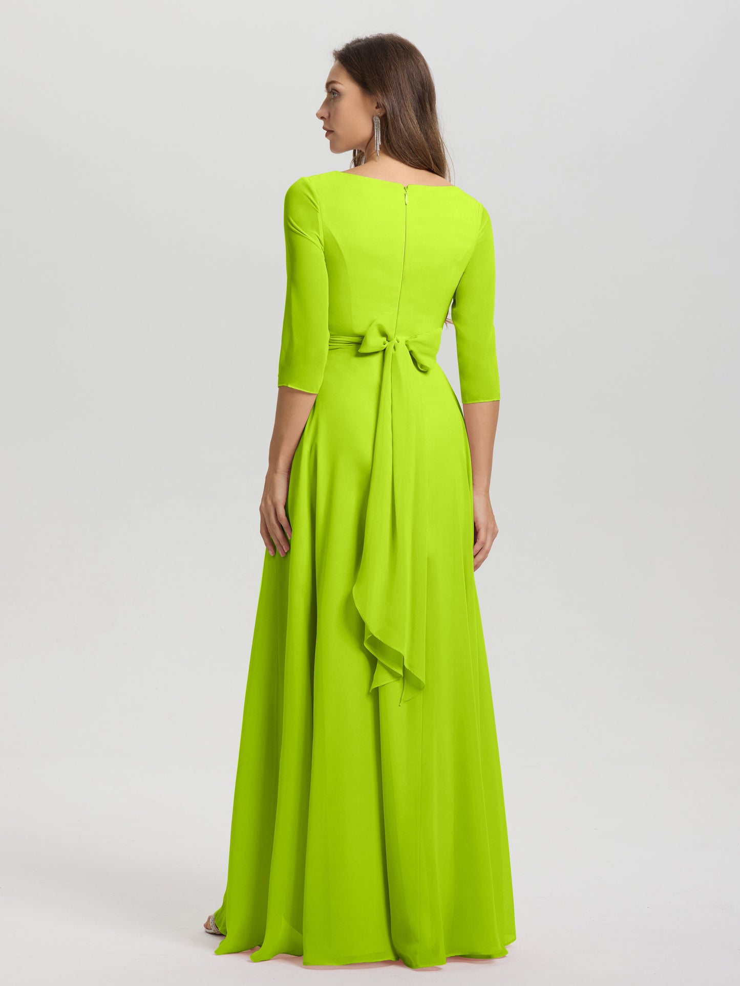 Flowy 3/4 Sleeves V-Neck Asymmetrical High Low Chiffon Bridesmaid Dress