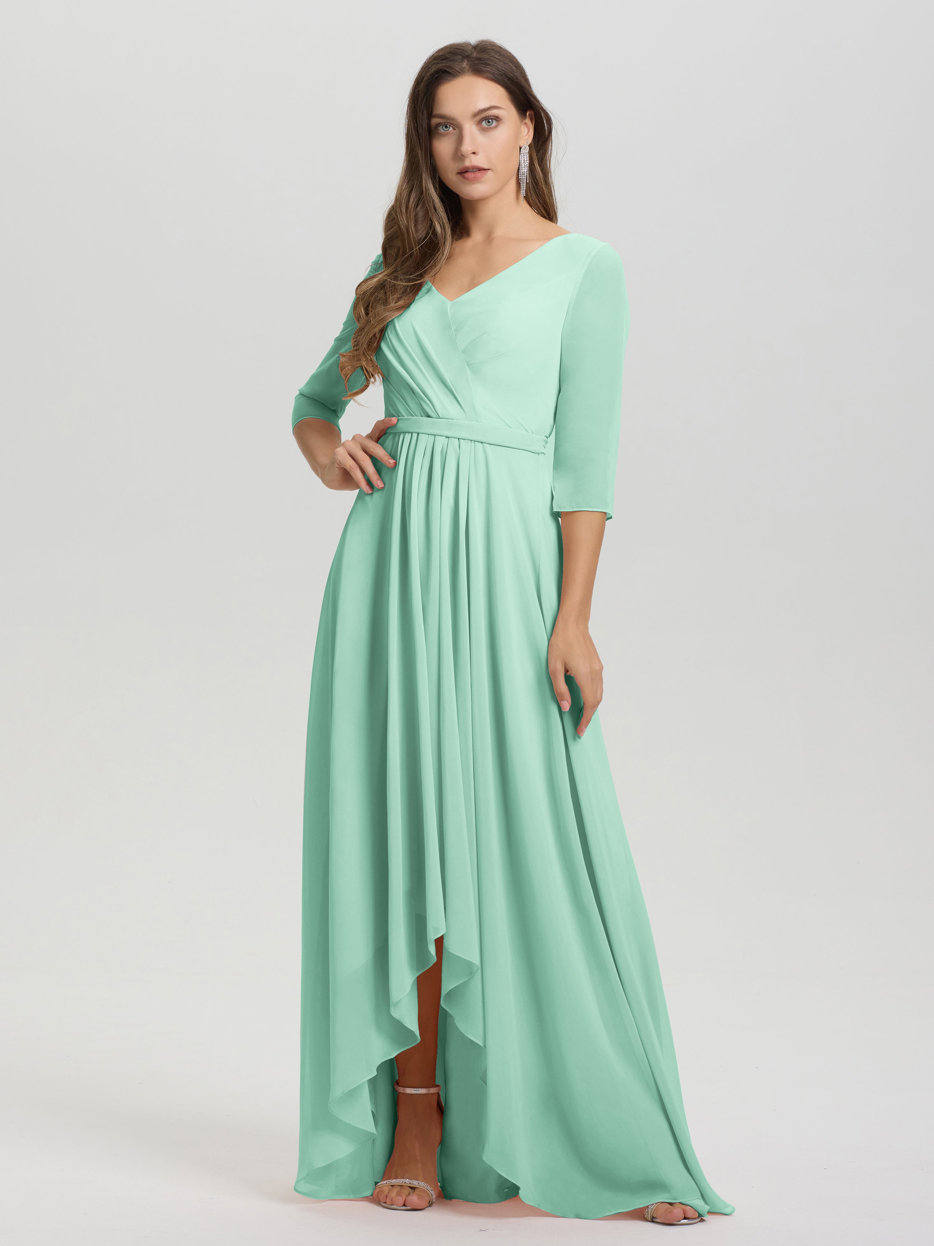 Flowy 3/4 Sleeves V-Neck Asymmetrical High Low Chiffon Bridesmaid Dress
