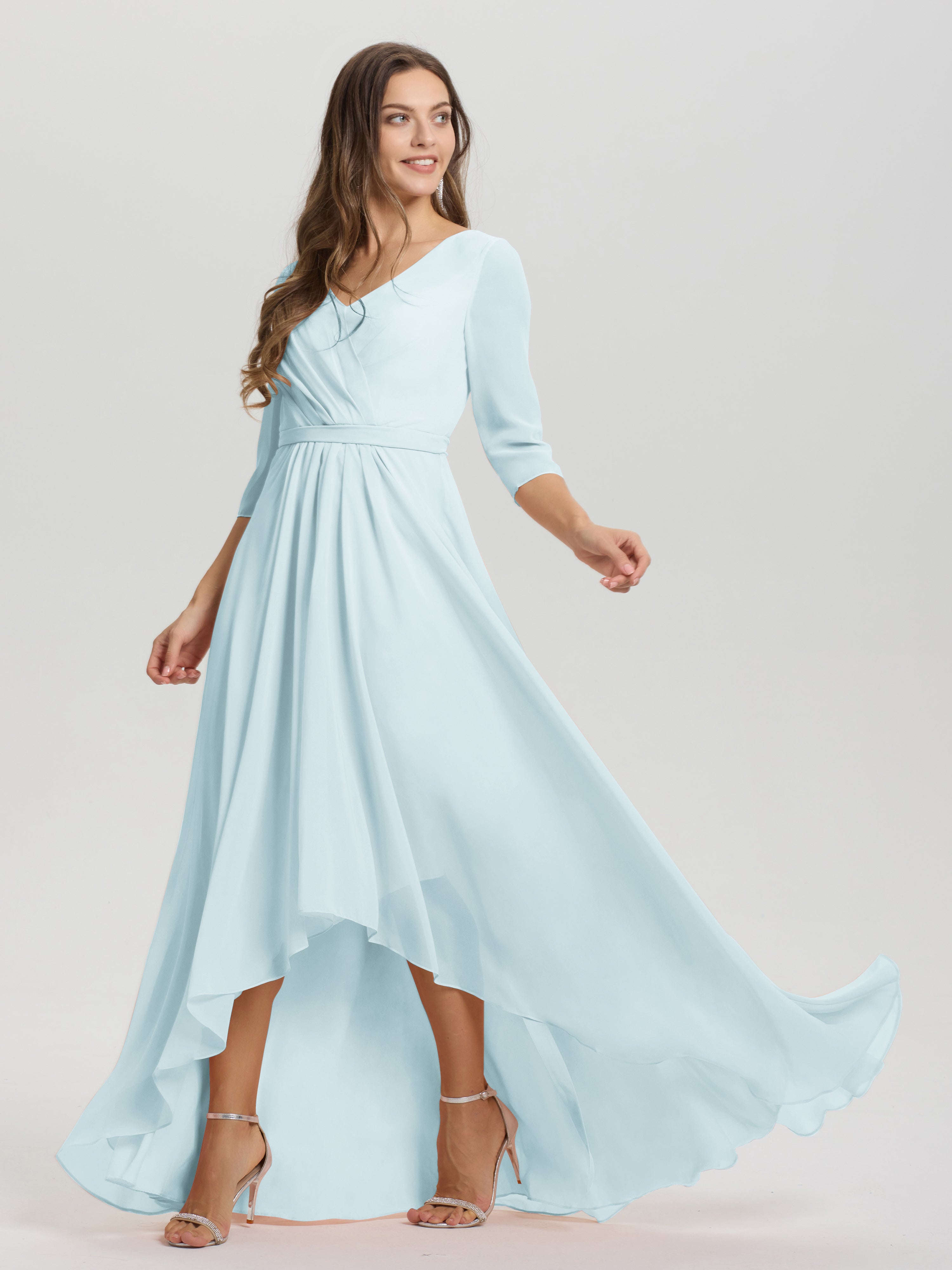Flowy 3/4 Sleeves V-Neck Asymmetrical High Low Chiffon Bridesmaid Dress