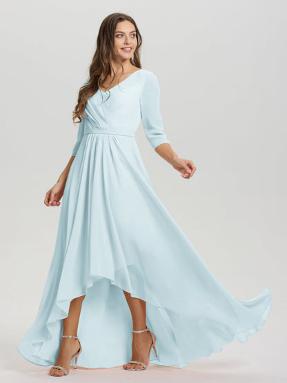Flowy 3/4 Sleeves V-Neck Asymmetrical High Low Chiffon Bridesmaid Dress