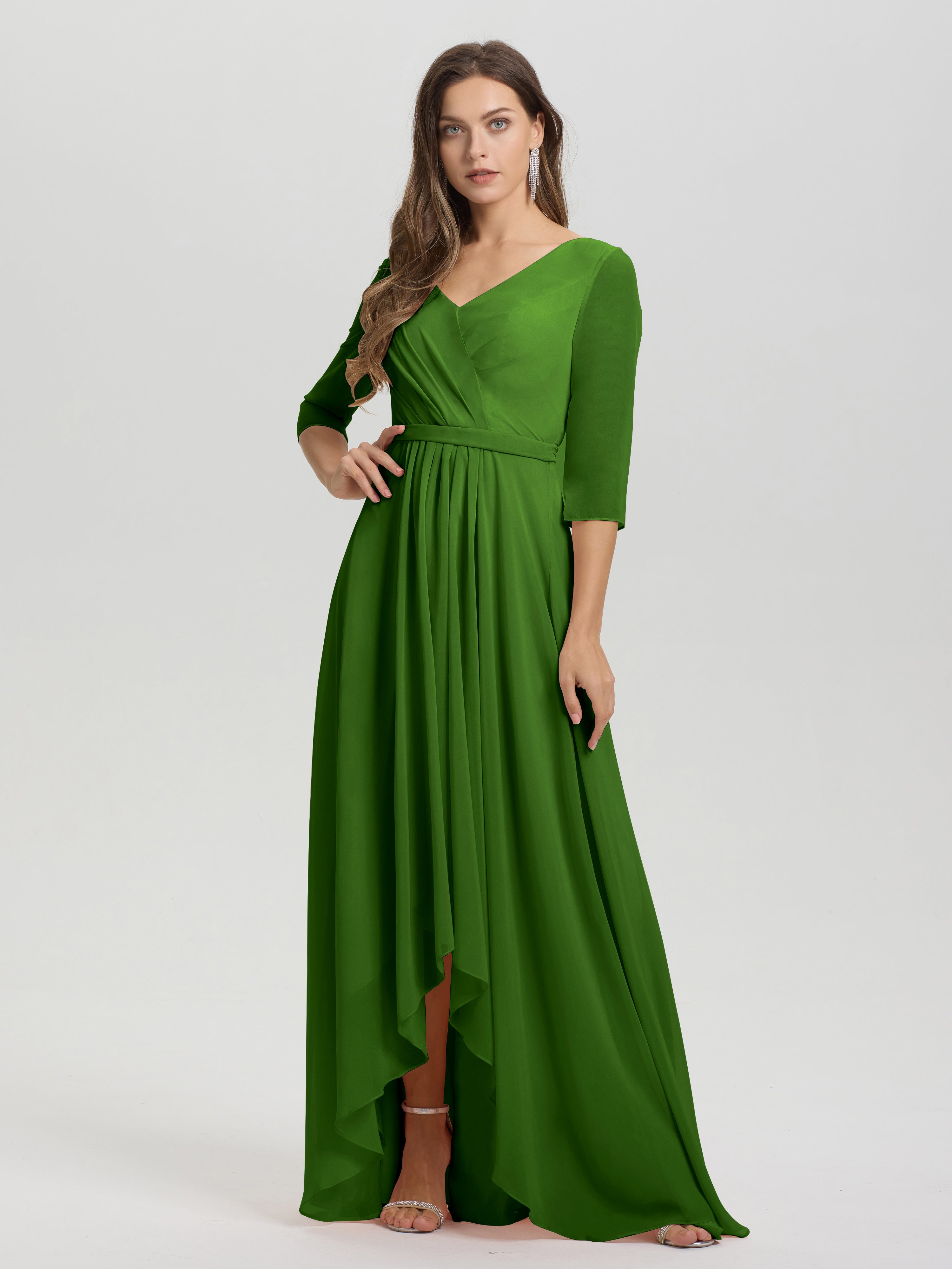 Flowy 3/4 Sleeves V-Neck Asymmetrical High Low Chiffon Bridesmaid Dress