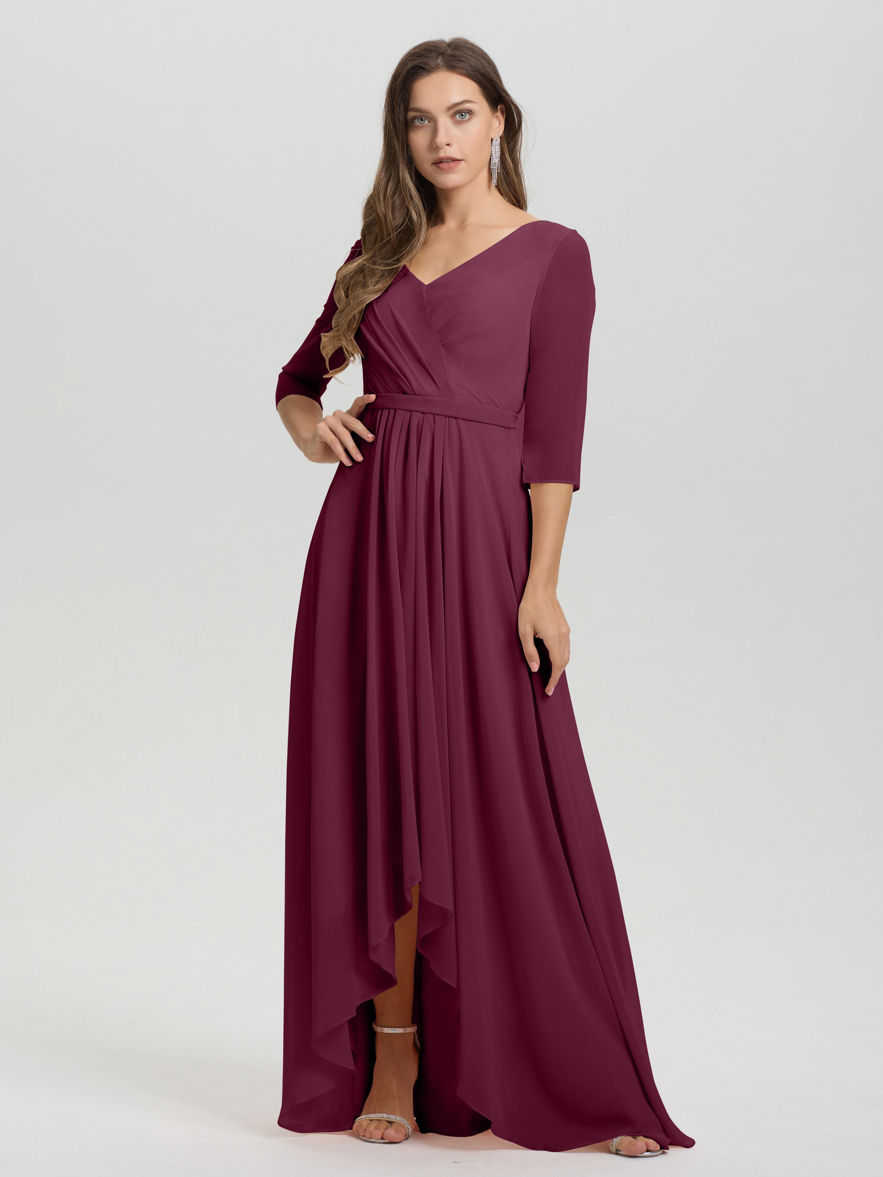 Flowy 3/4 Sleeves V-Neck Asymmetrical High Low Chiffon Bridesmaid Dress