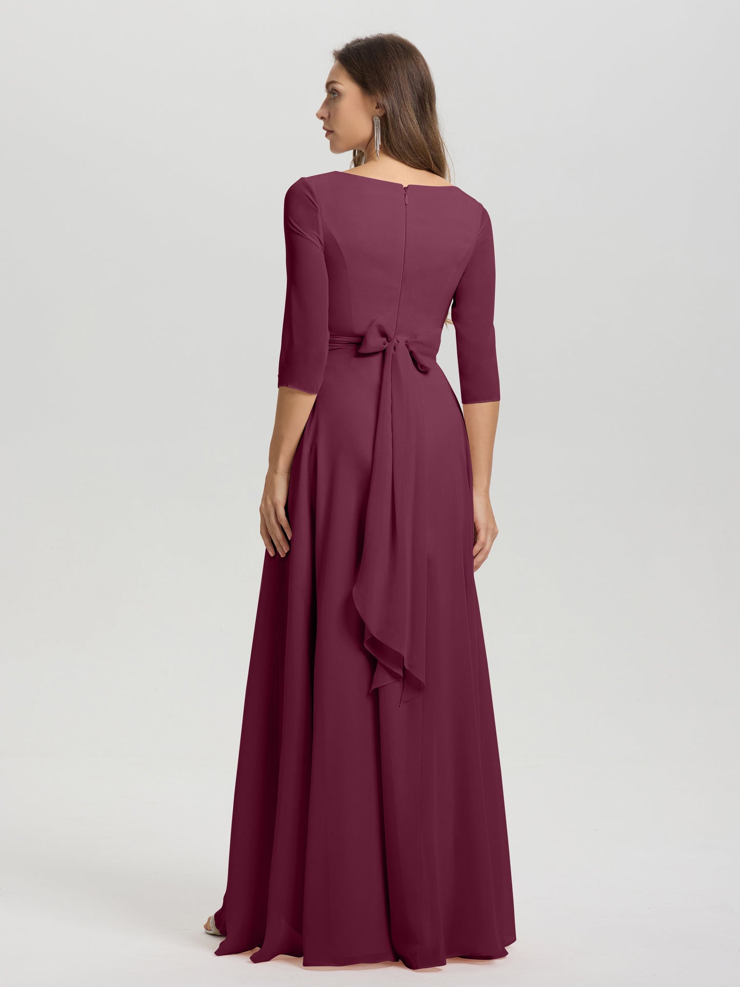 Flowy 3/4 Sleeves V-Neck Asymmetrical High Low Chiffon Bridesmaid Dress
