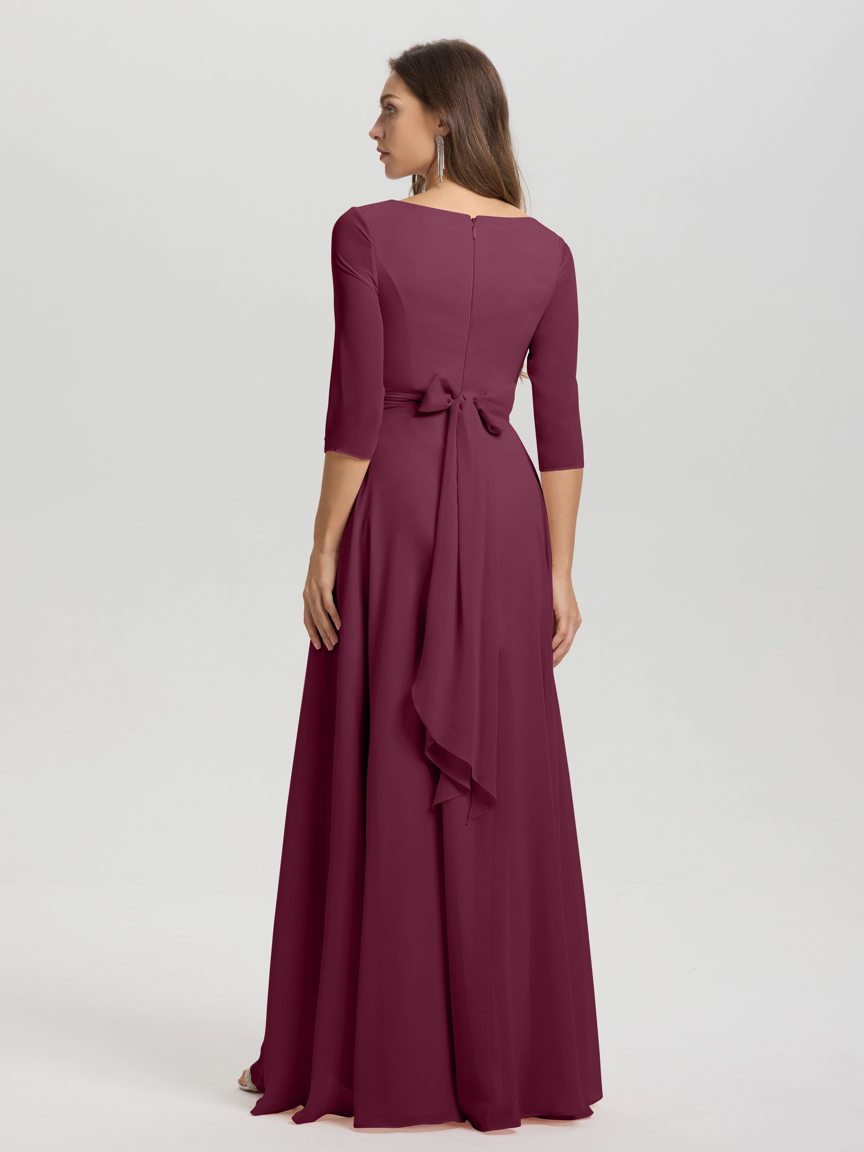Flowy 3/4 Sleeves V-Neck Asymmetrical High Low Chiffon Bridesmaid Dress