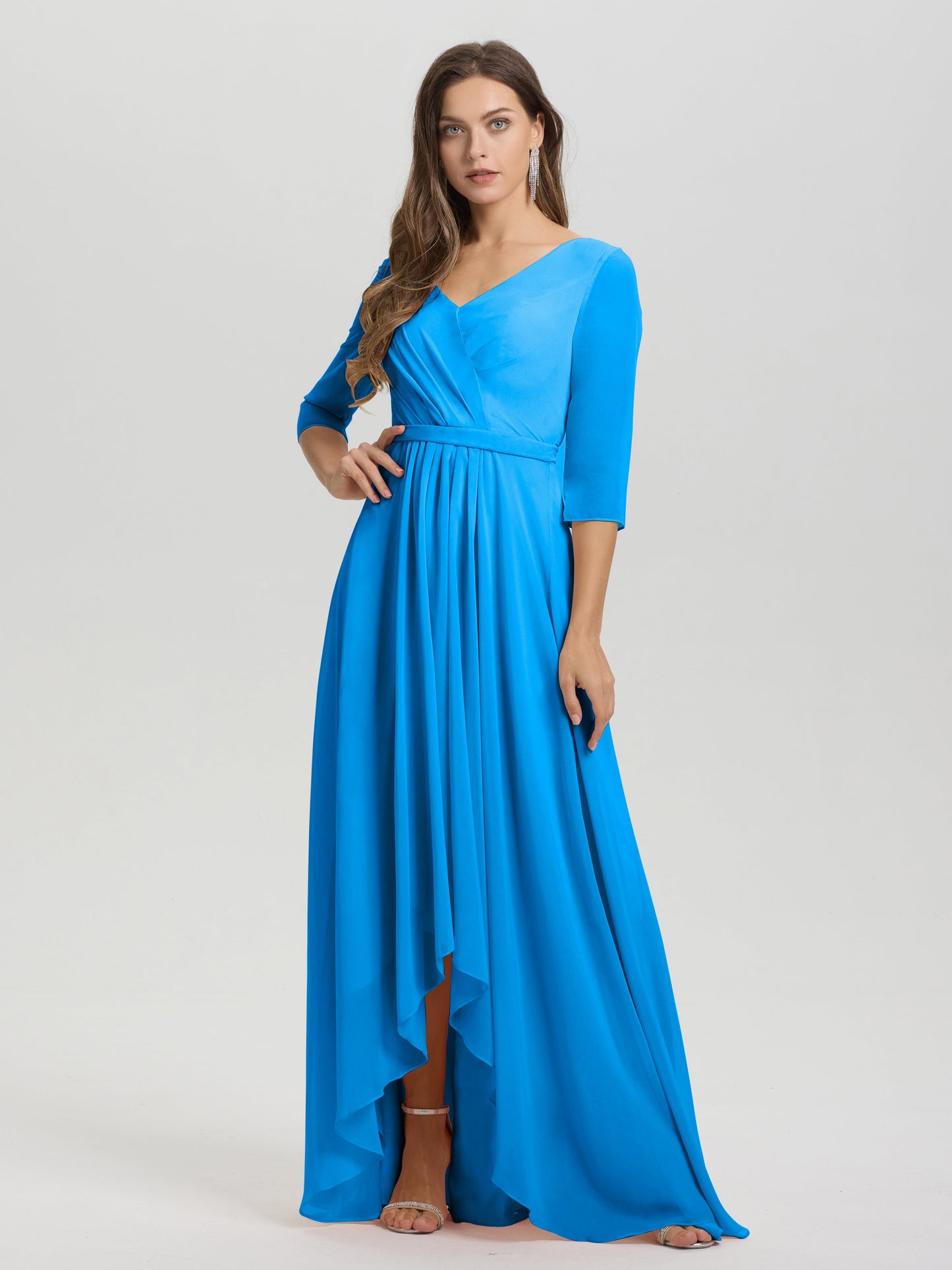 Flowy 3/4 Sleeves V-Neck Asymmetrical High Low Chiffon Bridesmaid Dress
