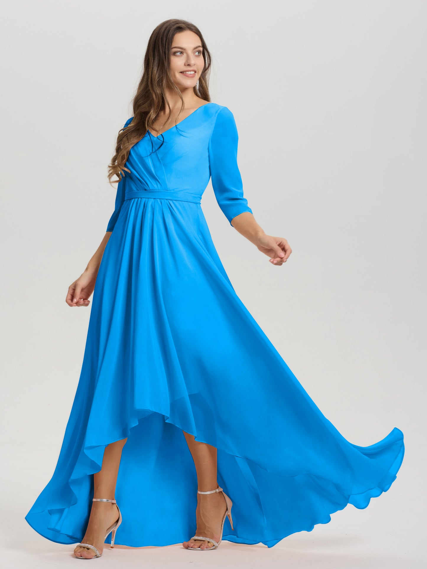 Flowy 3/4 Sleeves V-Neck Asymmetrical High Low Chiffon Bridesmaid Dress
