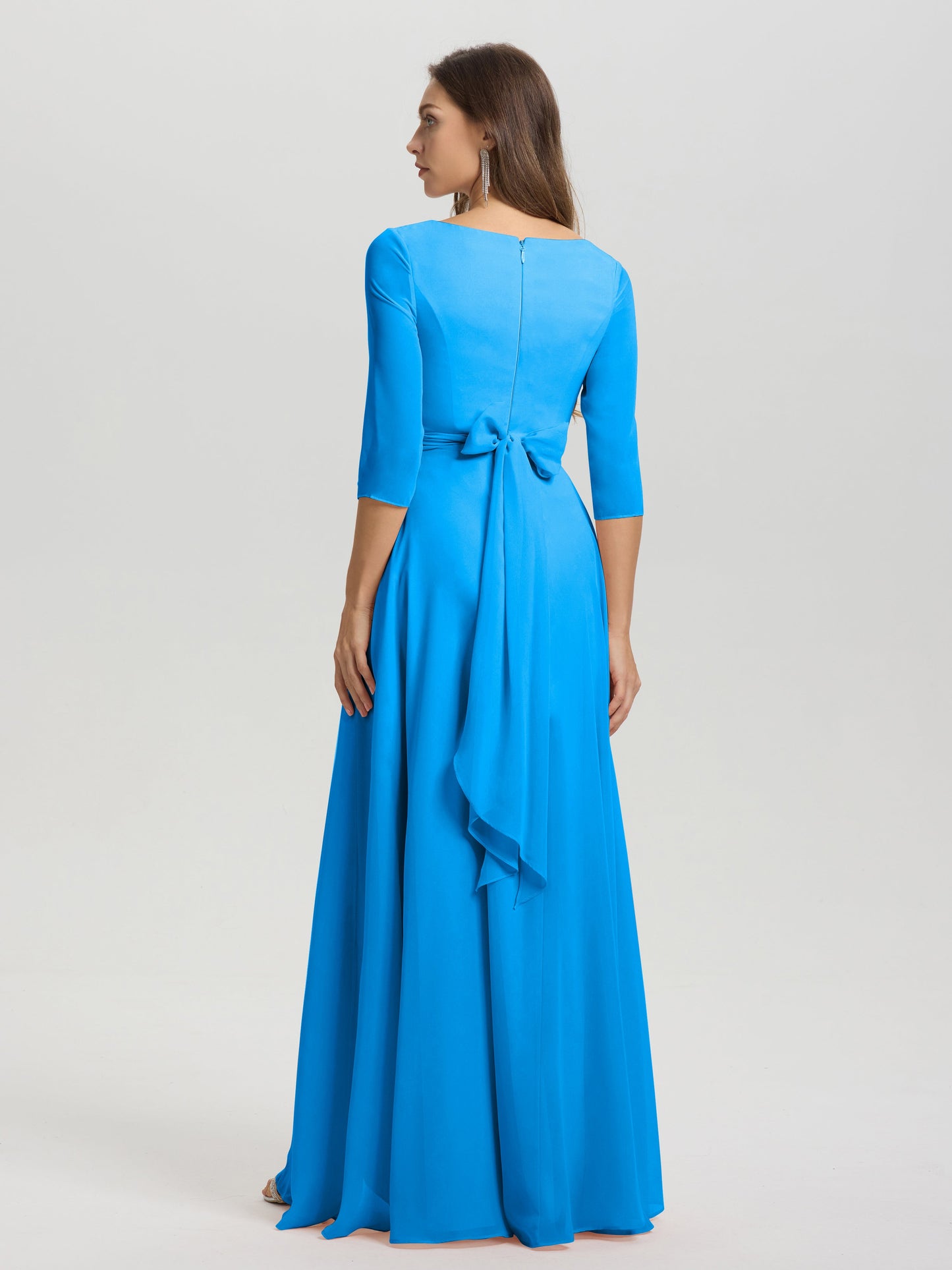 Flowy 3/4 Sleeves V-Neck Asymmetrical High Low Chiffon Bridesmaid Dress