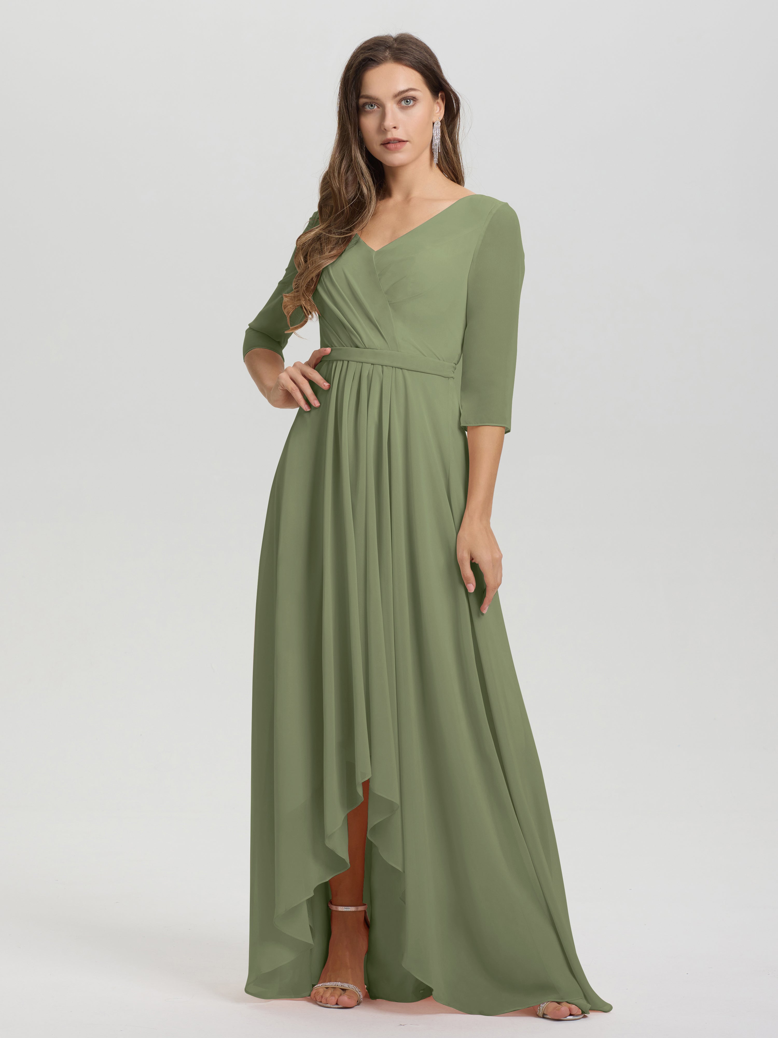 Flowy 3/4 Sleeves V-Neck Asymmetrical High Low Chiffon Bridesmaid Dress