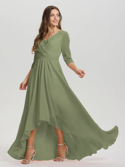Flowy 3/4 Sleeves V-Neck Asymmetrical High Low Chiffon Bridesmaid Dress