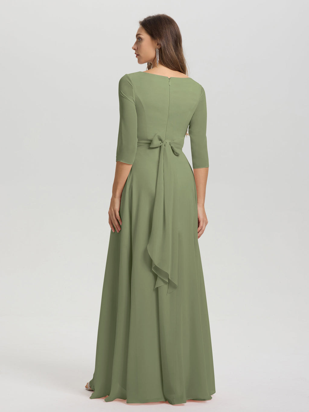 Flowy 3/4 Sleeves V-Neck Asymmetrical High Low Chiffon Bridesmaid Dress