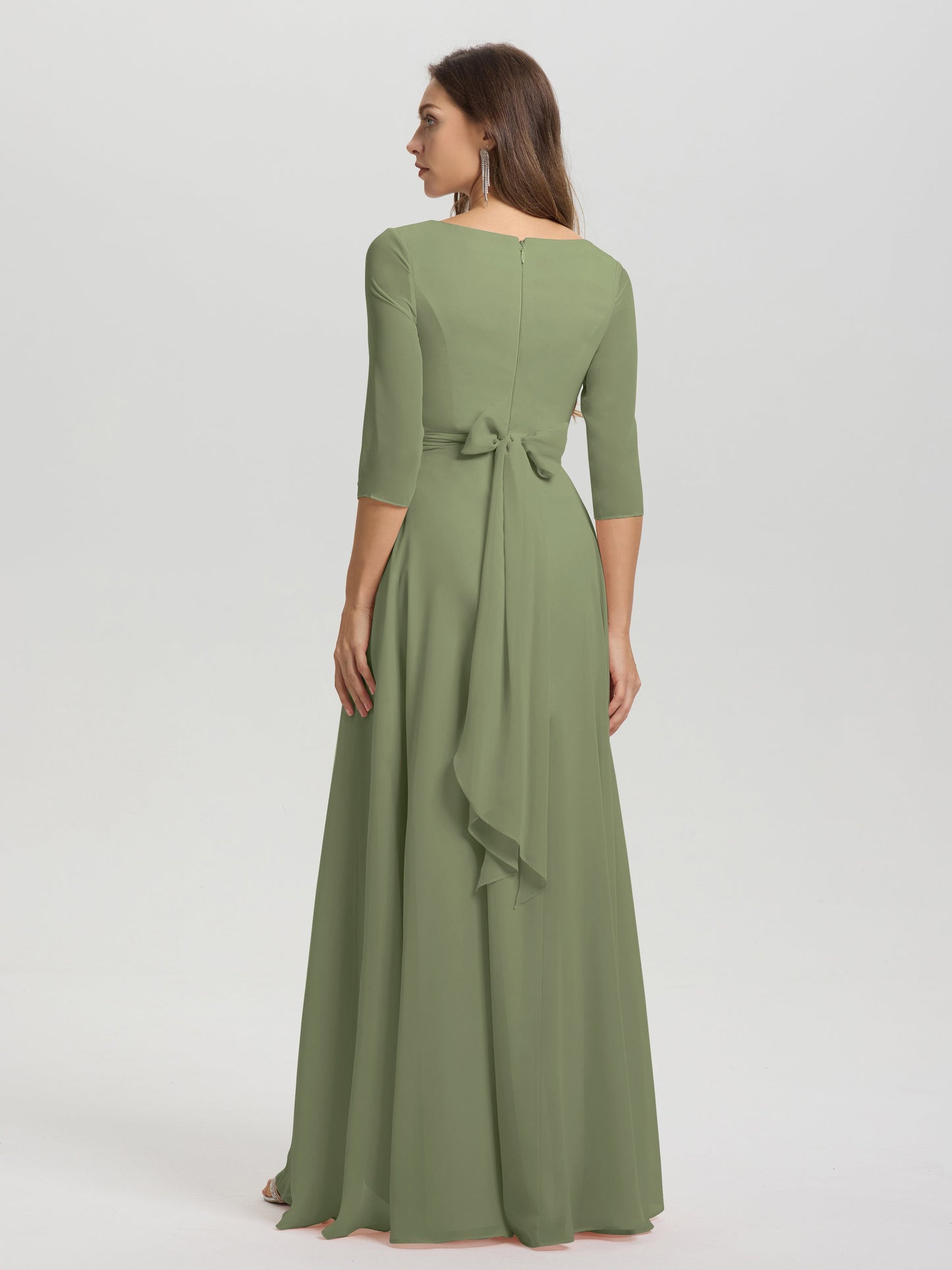 Flowy 3/4 Sleeves V-Neck Asymmetrical High Low Chiffon Bridesmaid Dress